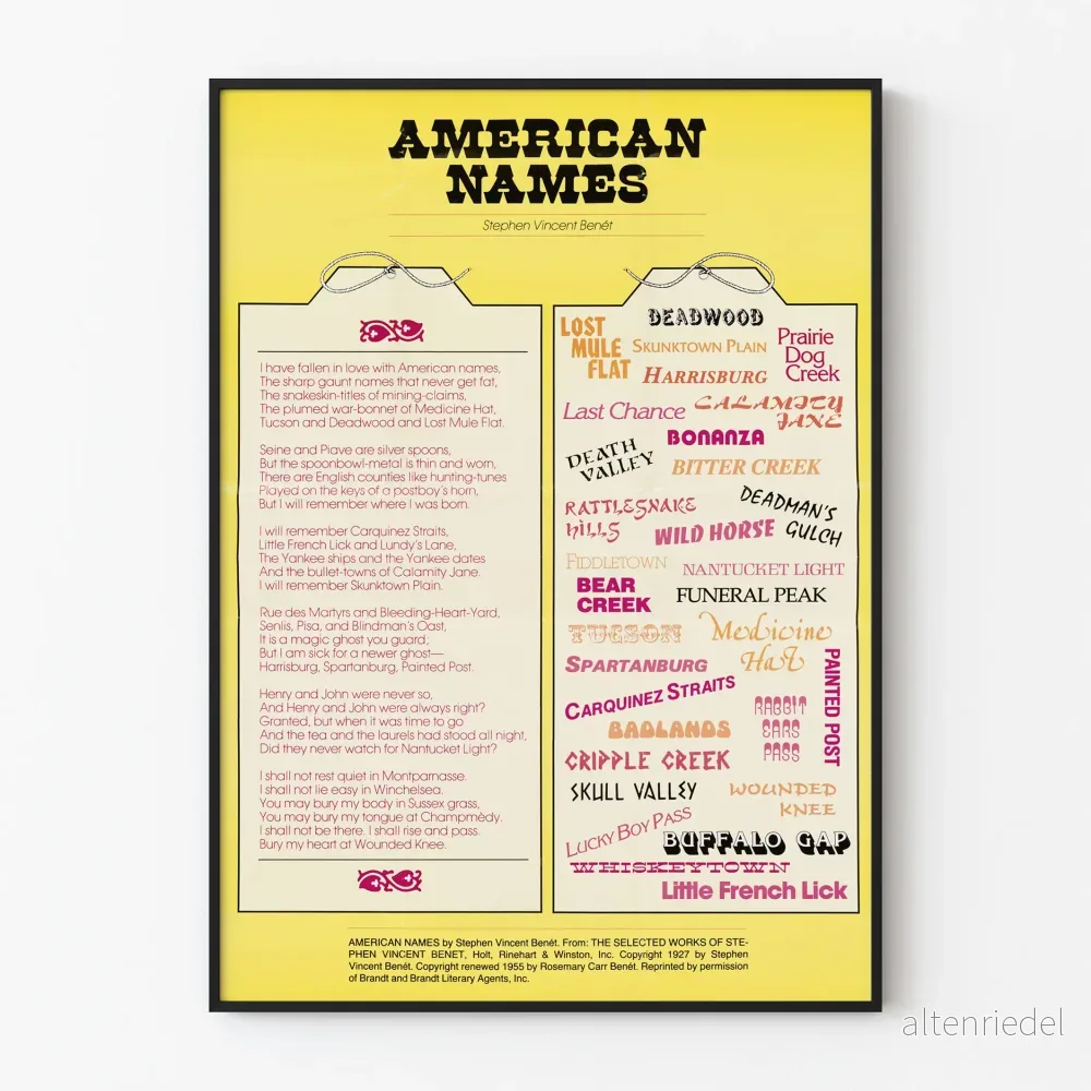 Poetisk American Names poster av Stephen Vincent Benét – Vintage väggdekoration Poetisk American Names poster av Stephen Vincent Benét – Vintage väggdekoration