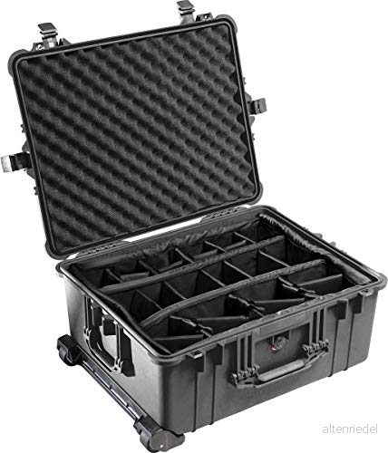 PELI 1610 stötsäker låda för ömtålig utrustning, IP67 vatten och dammtät, 62 liters kapacitet, tillverkad i Tyskland, med stoppade avdelare, svart 19428005740