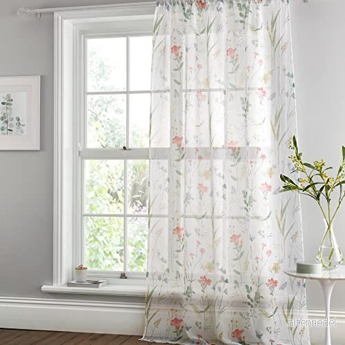 Drömmar och draperier sommaräng blommig enkelt nätgardin för fönster B 55 x L 90 (140 228 cm) blommor fåglar fönsternät vit voile gardin sovrum vardagsrum vita genomskinliga 5056387764887