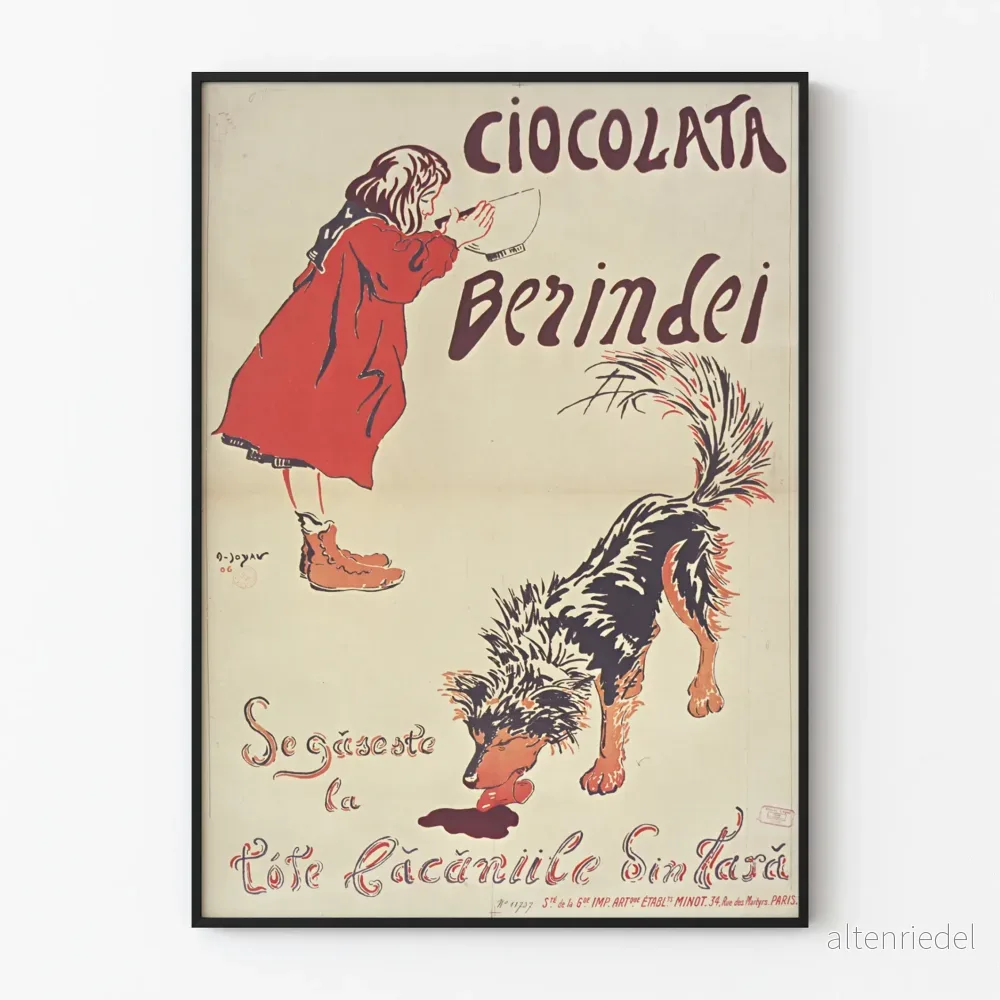 Vintageposter Ciocolata Berindei väggdekoration för barn och hund