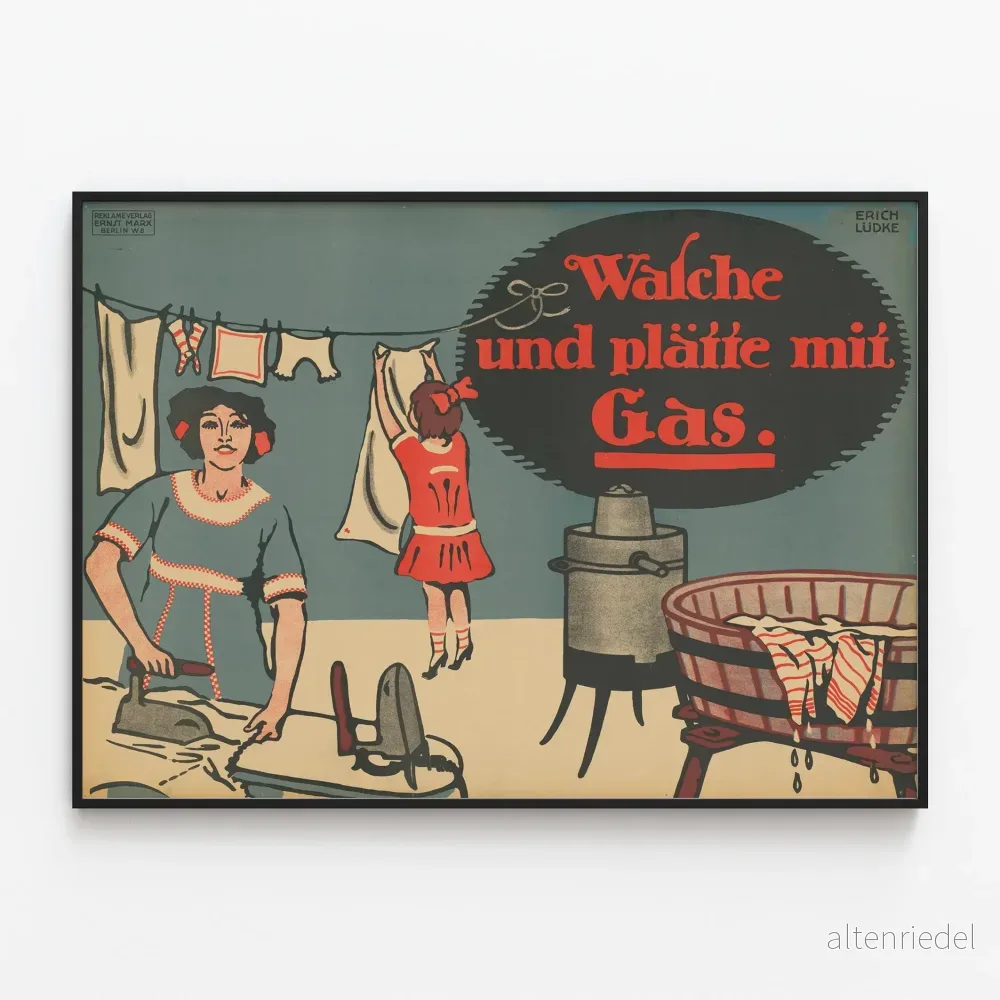 Vintageposter för tvätt och strykning med gas Vintageposter för tvätt och strykning med gas