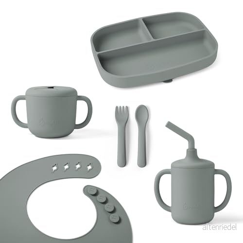 Ergobaby Deluxe barnservis för spädbarn och småbarn från 6 månader, med 2 koppar, bricka, haklapp bestick, utan BPA, PVC ftalater, Sage Green 1220000206519