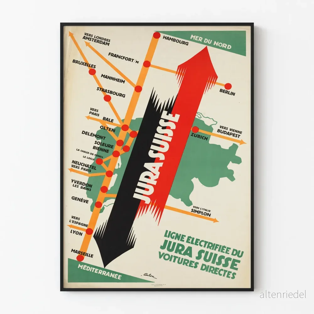 Vintageaffisch med elektrifierad linje från Jura i Schweiz - Järnvägskarta