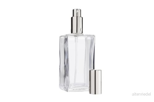 Fantasia Parfymflaska, tom 100 ml med spraypump, fyrkantig klar glasflaska för att fylla själv, parfymsprejflaska och lock i silver, påfyllningsbar 4014491461925