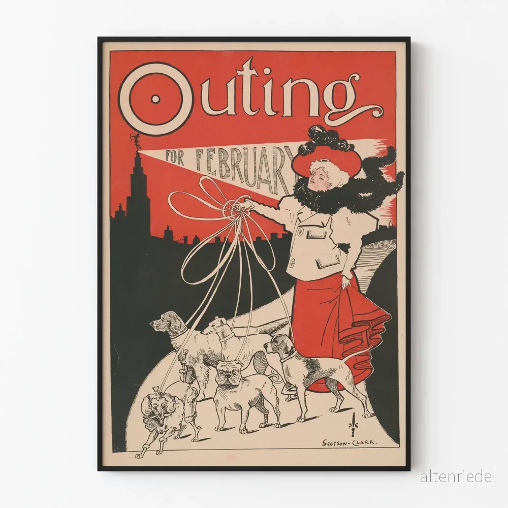 Vintageposter Outing för februari med kvinna och hundar