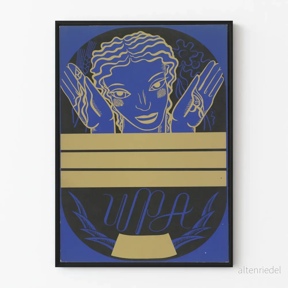 Retro väggposter med porträtt av kvinna som håller blommor och säd Retro väggposter med porträtt av kvinna som håller blommor och säd