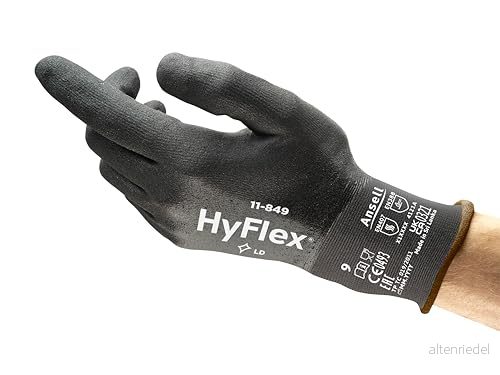 Ansell Hyflex 11 849 nötningsbeständiga professionella arbetshandskar, skydd med flera användningsområden, mekanik, hantering, montering, tvättbar säkerhetshandske, svart, storlek XL (1 par) 76490641658
