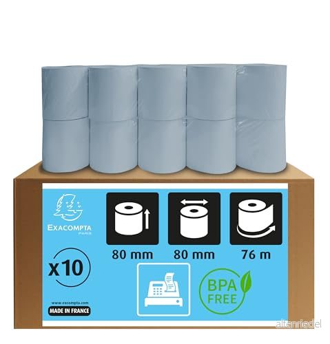 Exacompta Ref 43918E Låda med 10 rullar för kassakvitton – bred 80 mm x diameter 12 kärna – Fenolfri Safe Contact längd 76 m 3130631439188