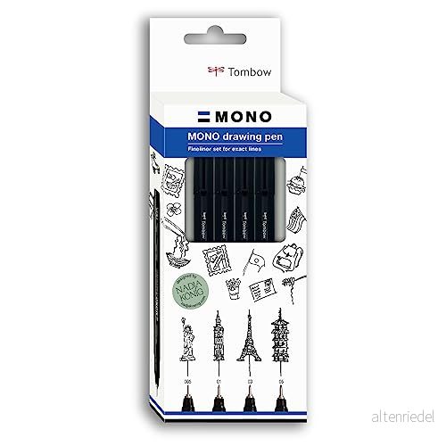 Tombow Fineliner MONO ritpenna, set "Fin", pigmentbläck, vatten och ljusbeständigt, för skisser, att illustrera rita, svart, med 4, WS EFL H F 4P 4003198112209