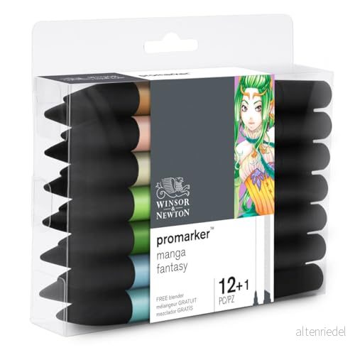 Winsor & Newton 0290142 ProMarker, professionell layoutmärkpenna 2 spetsar, fin och bred för ritningar, design layouter 13 färger set Manga Fantasy 884955070673