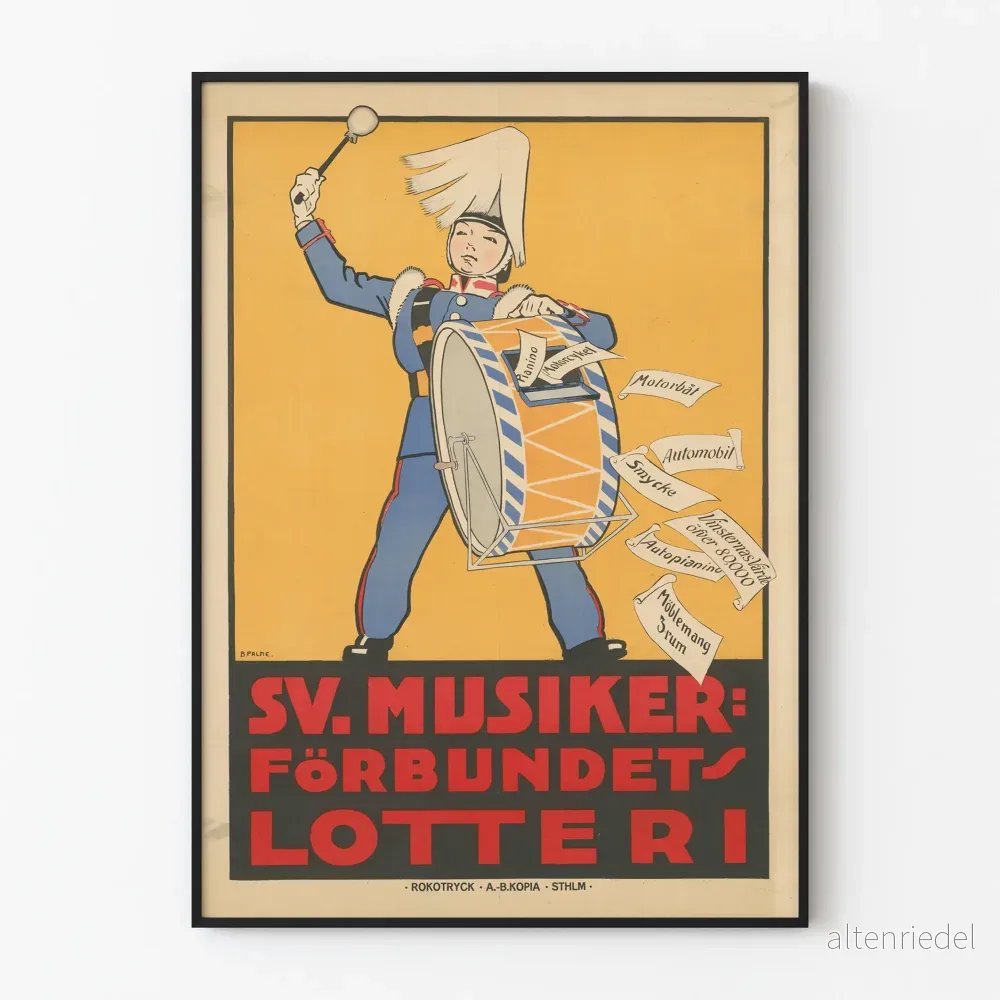 Svensk vintage musikkposter med trumma och flygande noter Svensk vintage musikkposter med trumma och flygande noter