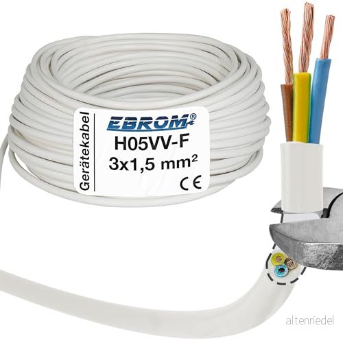 EBROM Plastslangledning rund, kabel, strömkabel, enhetskabel H05VV F 3 x 1,5 mm² 3G mm2 färg: vit Många längder i steg om 5 meter upp till 150 meter, din kabellängd: 15 4251514721455