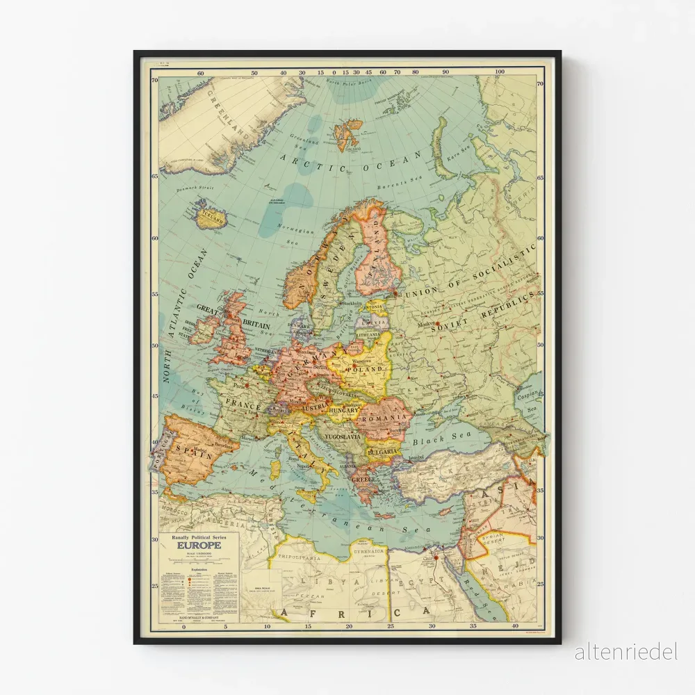Vintage politisk karta affisch av Europa