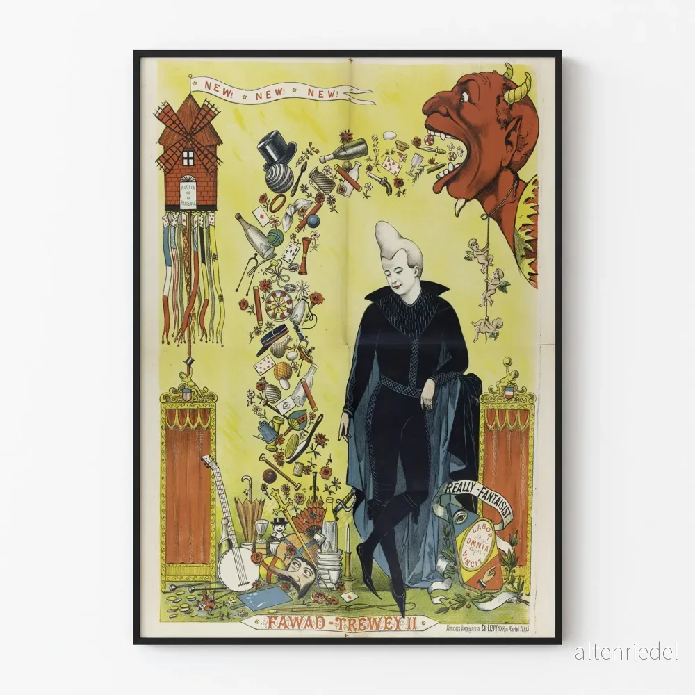 Vintage fantasifull poster med karaktär och röd djävul