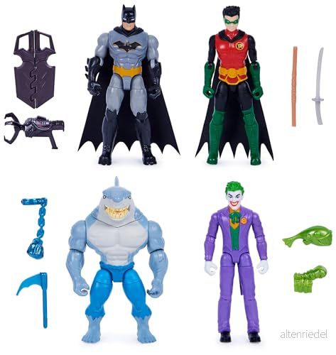 DC Comics, Batman and Robin Mot The Joker och King Shark, 10 cm ledade figurer, leksaker för pojkar flickor från 3 år 778988348208