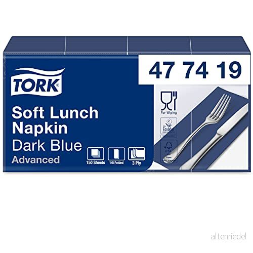 Tork 477419 mjuka lunchservetter mörkblå 1/8 fals/3 lagers, förvikta servetter för små maträtter och mellanmål/avancerad kvalitet/10 x 150 (1500) pappersservetter/32,6 33 cm (B L) 7322540673135