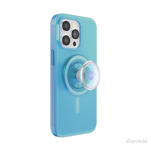 PopSockets iPhone 15 Pro Max fodral med telefongrepp och bild kompatibel MagSafe, telefonfodral för Max, trådlös laddning opalescent blå 840173742426
