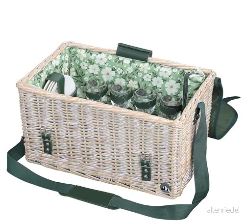 cilio Picknickkorg Ponza, för 4 personer, flätad korg av vide, bambulock kan användas som bord, inklusive tallrikset, bestick, glas och picknickfilt, axelrem, vintage vit 4017166156850