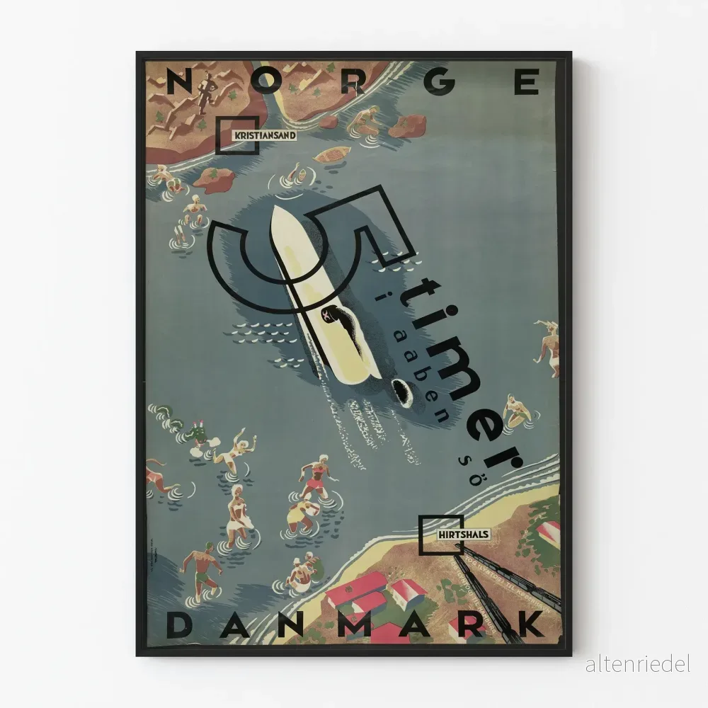 Vintageposter 5 Timmer i Aaben - Stiliserad karta över Norge och Danmark