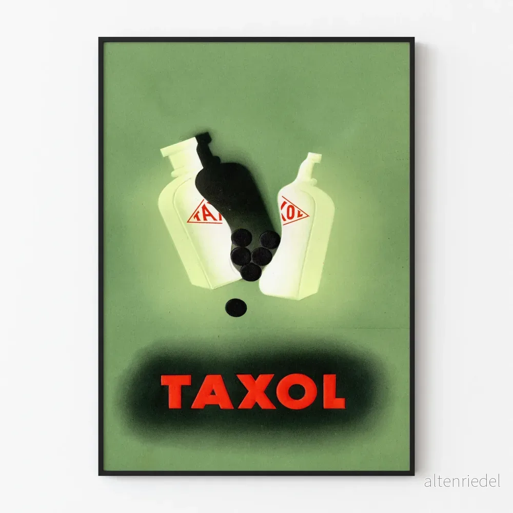Vintageposter med Taxol-flaska och tabletter för väggdekoration Vintageposter med Taxol-flaska och tabletter för väggdekoration