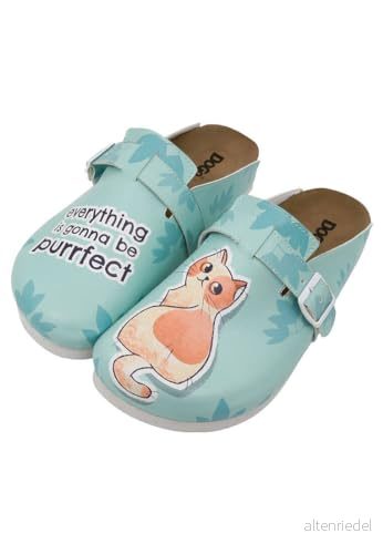DOGO Dam läder vegan turkos tofflor "Everything is Gonna Be Purrfect" mönster, Material: Polyester, 39 EU 8680544247417