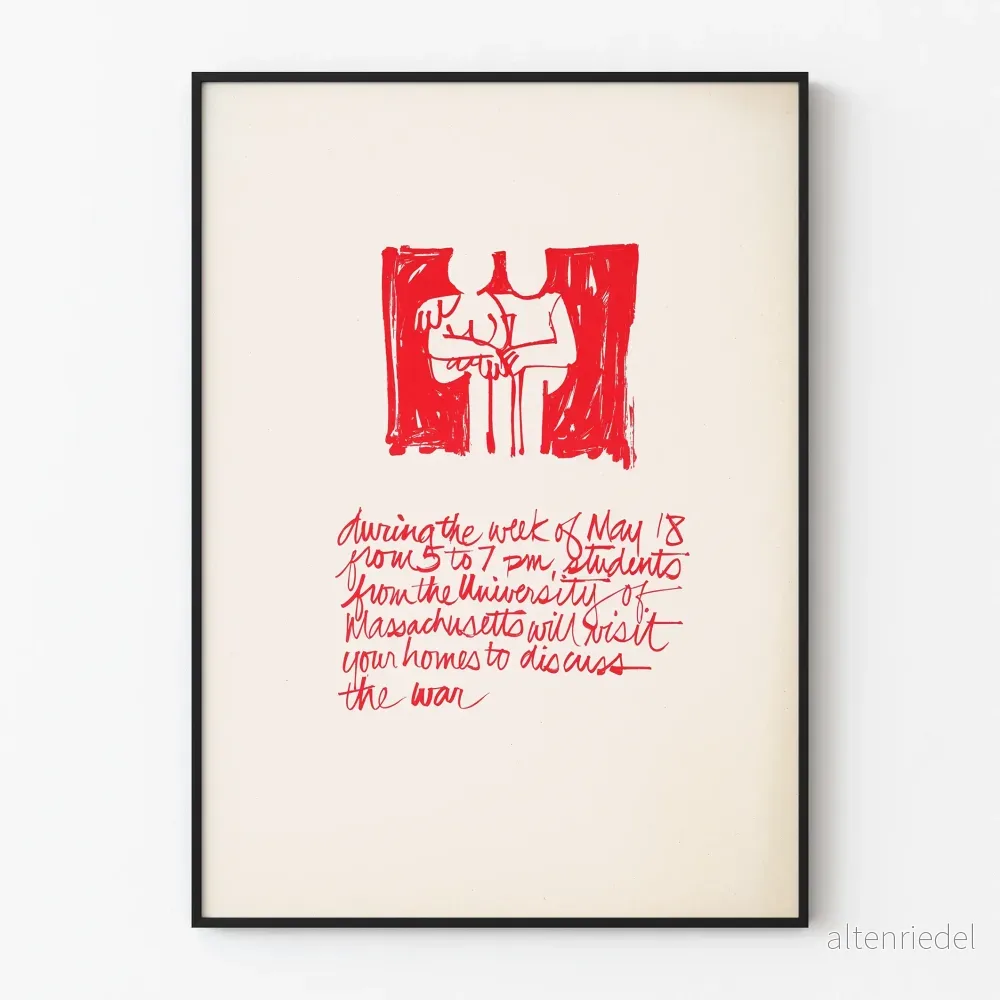Minimalistisk poster med illustration och handskriven röd text
