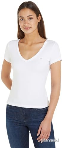 Tommy jeans dam TJW Slim Essential Rib V SS, vit, XXS, Vitt, XXS 8720646174638