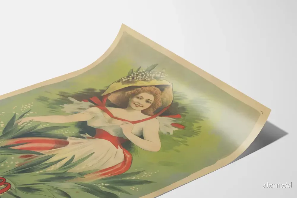Vintageposter av Lucienne Muguet i vit klänning och blomsterhatt - Bild 3