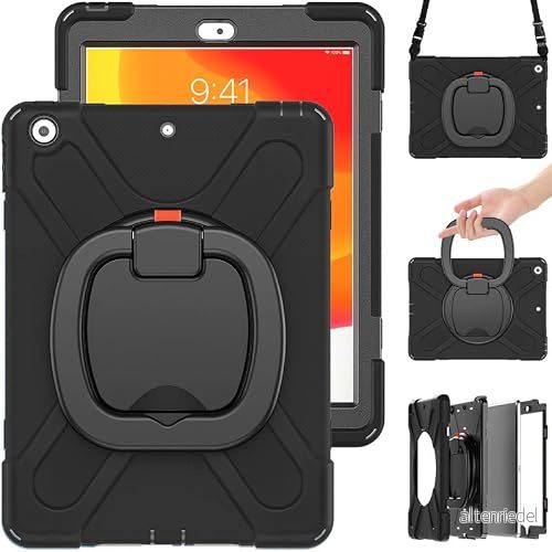 Commute Case för iPad mini4/5, tungt, stabilt, stötsäkert barnfodral med skärmskydd 3 i 1 stötsäker stötfångare 360 ringhållare, stativ, bärrem (svart) 755985018662