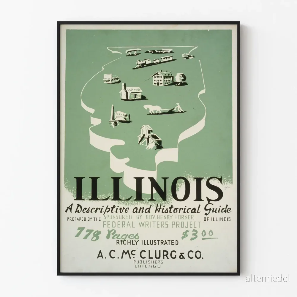 Vintageaffisch med illustrerad karta över Illinois - Historisk guide och beskrivning