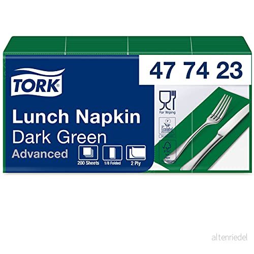 Tork 477423 mörkgröna lunchservetter 1/8 vikt/2 lagers, förvikta pappersservetter för mellanmål och små maträtter/avancerad kvalitet/10 x 200 (2000) servetter/32,6 33 cm (B L) 7322540683790