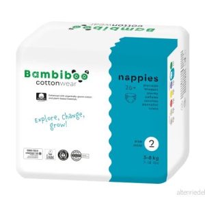 Bambiboo COTTONWEAR Babyblöjor Engångsblöjor Storlek 2 Mini (3 8kg) med navelutskärning Ekologisk Bomull, Växtbaserade Tyger, Våtindikator, 3D volanger Doftfri, Klorfri 26 st. 5906395106646