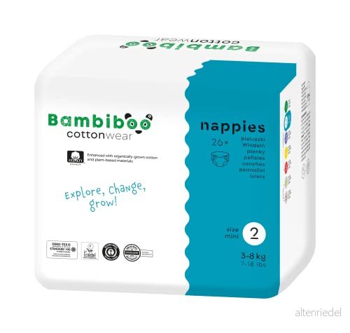 Bambiboo COTTONWEAR Babyblöjor Engångsblöjor Storlek 2 Mini (3 8kg) med navelutskärning Ekologisk Bomull, Växtbaserade Tyger, Våtindikator, 3D volanger Doftfri, Klorfri 26 st. 5906395106646