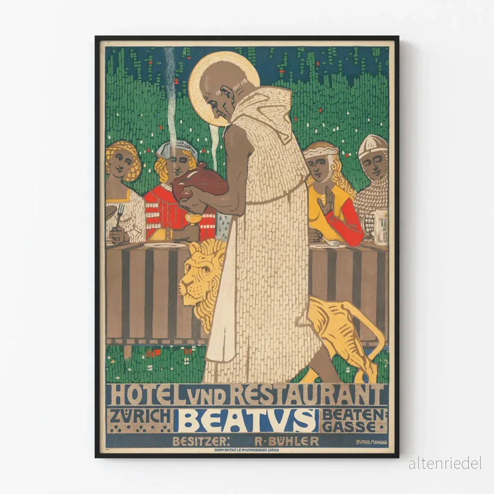 Vintageaffisch för hotell och restaurang Beatus Zürich Beatengasse