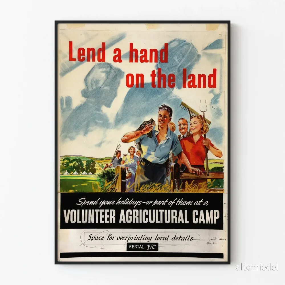 Vintageposter Lend a Hand on the Land – Frivillig jordbrukskampanj Vintageposter Lend a Hand on the Land – Frivillig jordbrukskampanj