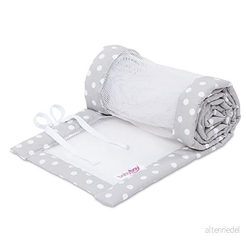 babybay Spjälskydd mesh piké/spjälskydd för sidosäng/stötsäkert babysäng, lämplig modell original, pärlgrå prickar vit 4260472555811