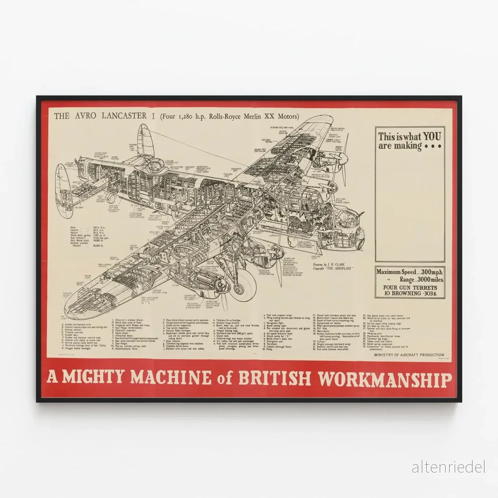 Vintage teknisk affisch Avro Lancaster I - Dekorativ flygplansposter från Storbritannien