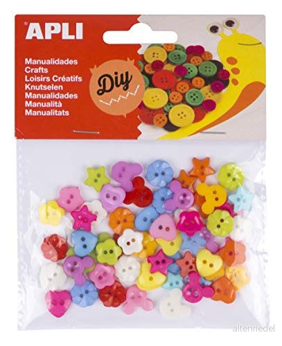 APLI Kids 16835 60 olika färgade plastformade knappar, Material för hantverk, storlek 12 mm 8410782168355