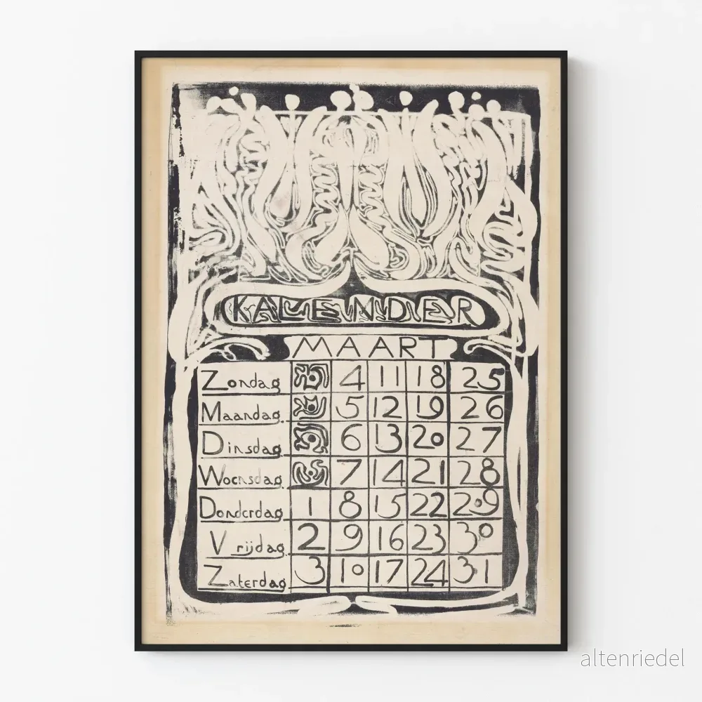 Vintageaffisch kalender Mars 1894 art nouveau stil