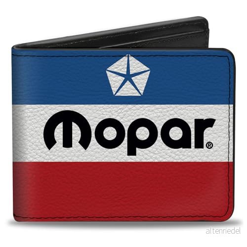 Buckle Down herr dubbelvikt plånbok mopp, moopar, 10 cm x 8,9 cm, moopar plånbok, bifold, Mopar Chrysler logotyp vit blå röd svart, veganskt läder 190882702380