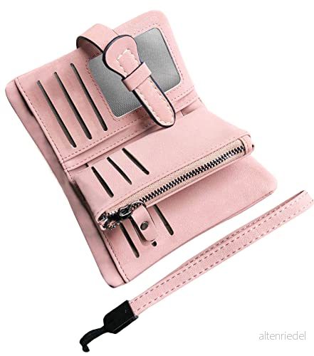 AOXONEL Liten dubbelvikt läderplånbok, RFID blockerande armbandsväska för kvinnor, med korthållare, ID fönster, myntväska, Rosa (Pink3), Small, vintage 824381894733