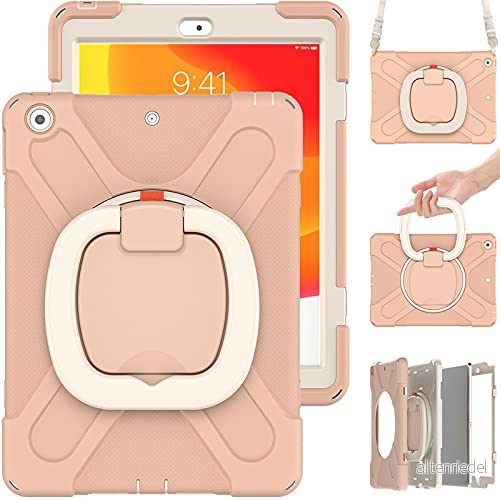 Commute Case för iPad Pro 12.9 2021, tungt stabilt stötsäkert barnfodral med skärmskydd 3 i 1 stötsäker stötfångare 360 ringhållare, stativ, bärrem (rosa) 755985022355