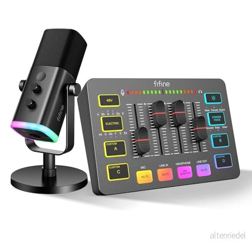 FIFINE XLR streamingmikrofon och spelljudmixer, dynamisk USB, speldator för podcaststudio, RGB streaming, PC mixer med mikrofongränssnitt (AM8 + SC3) 4251966212815