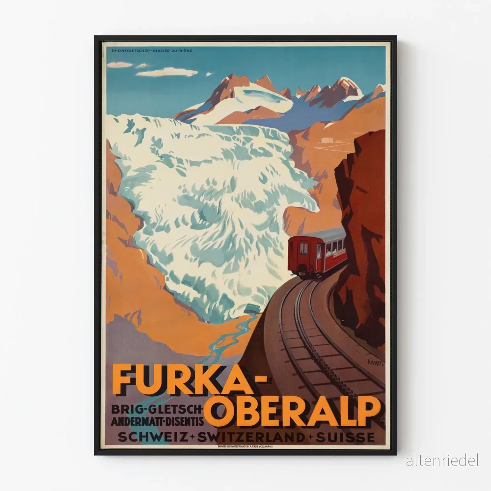 Retro poster Furka-Oberalp Schweiz - Vintage väggdekoration med berg och tåg