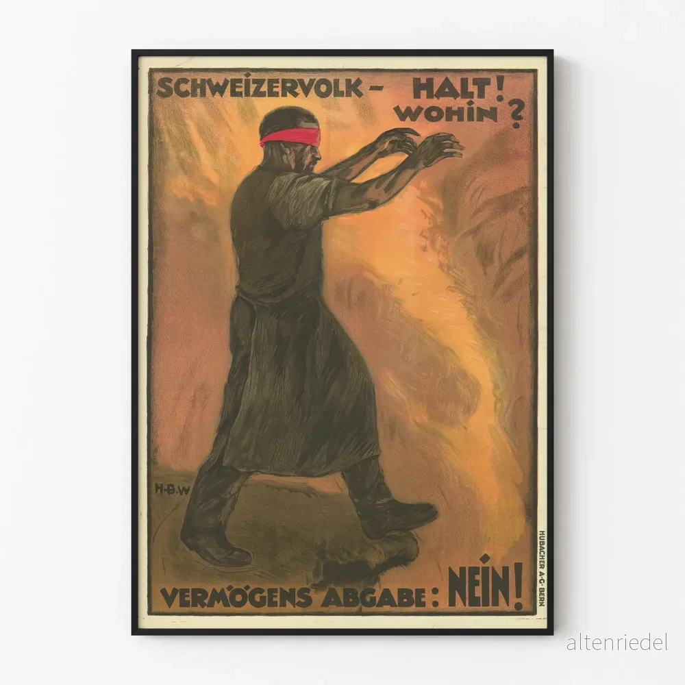Vintage schweizisk politisk poster mot förmögenhetsskatt