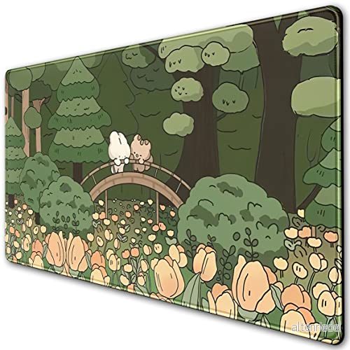 Anime skog skrivbordsmatta, söt grön matta, Kawaii estetisk full skrivbordsdyna XXL spelmatta XL, utökad koreanska djur björn kanin tangentbordsmatta stor 80 x 40 cm halkfria och sydda kanter 754479658223