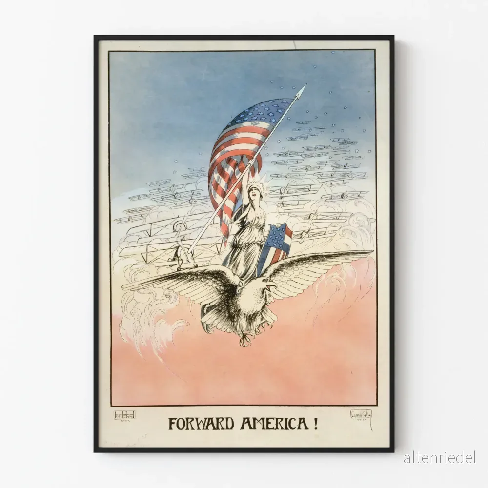 Vintageposter Forward America med amerikanskt flagga och örn